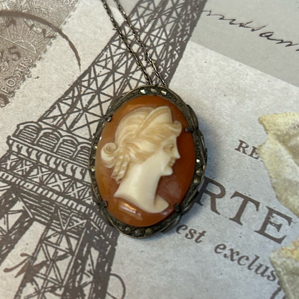 Very old Cameo Brooch Pendant Necklace in Sterling